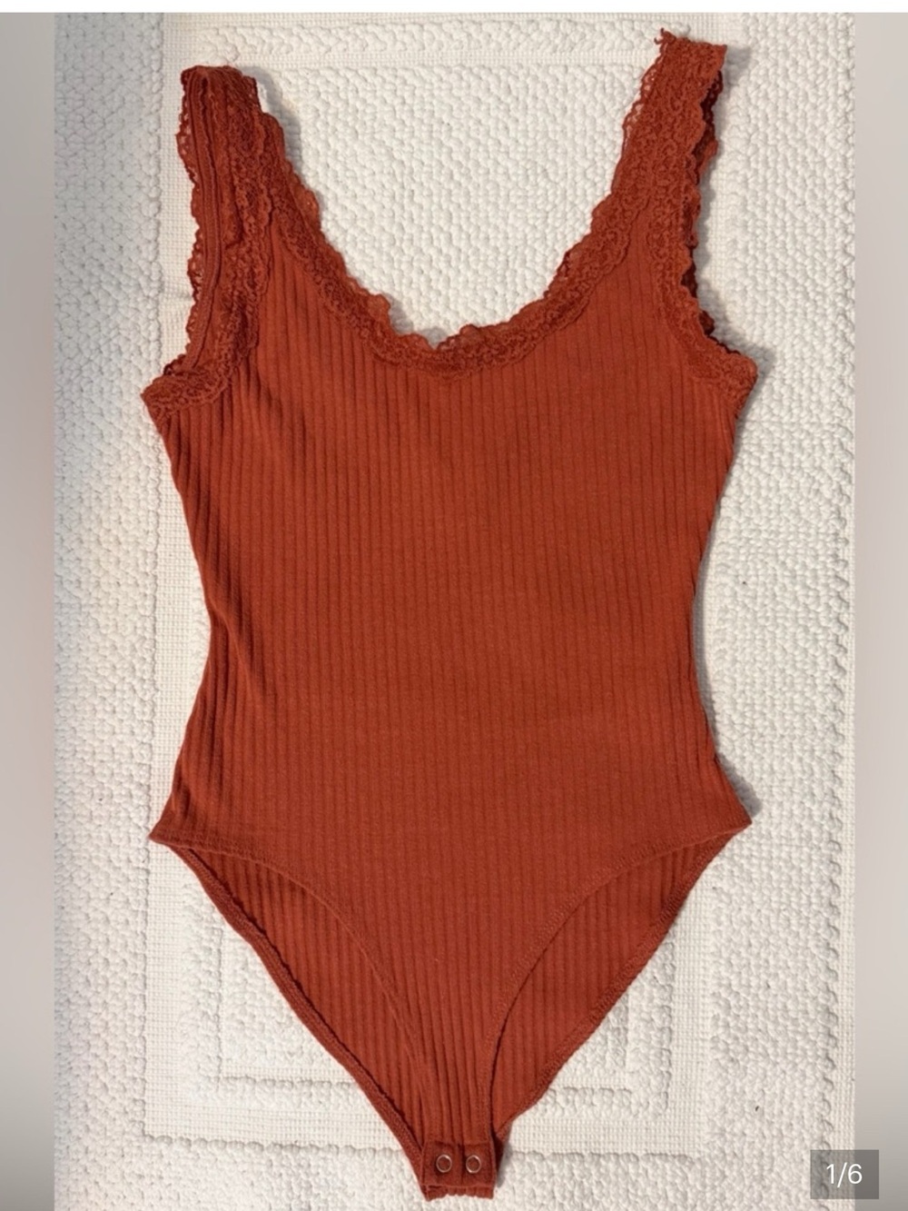 New Forever 21 Rust Ribbed Lace-Trim Bodysuit | S